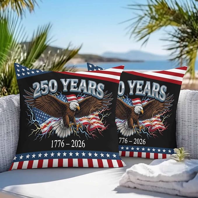 American Flag 4th of July Outdoor Waterproof Throw Pillow Covers 20x20 Set of 2, Independence Day Eagle USA Flag Decorative Pillowcases Cushion Pillowcase for Couch Sofa Patio Outside Pillow Protector