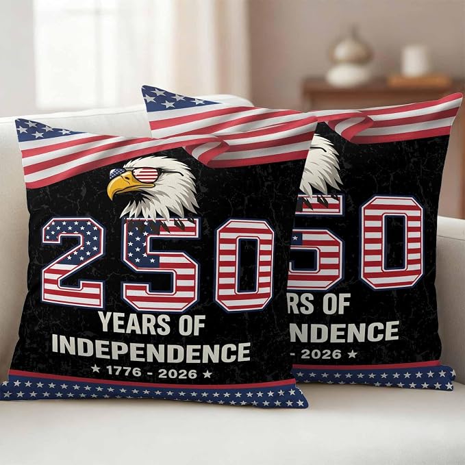 250 Years Anniversary Outdoor Waterproof Throw Pillow Covers 26x26 Set of 2, Independence Day USA Eagle Flag Decorative Pillowcases Cushion Pillowcase for Couch Sofa Patio Outside Pillow Protector