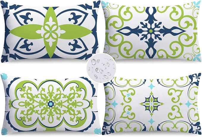 NIGHTWISH Outdoor Waterproof Pillow Covers 12x20 Set of 4 Green Boho Decorative Outdoor Throw Pillows Floral Cushion Cases for Patio Furniture Bench Couch Sunbrella