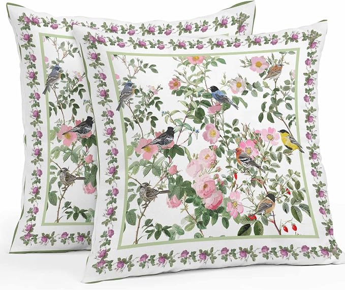Vandarllin Outdoor Throw Pillows Covers 26x26 inch Set of 2 Waterproof Pink Floral Bird Decorative Zippered Cushion Covers for Patio Furniture, Green Leaves Branches Lumbar Pillowcases