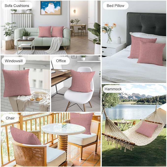 Vandarllin Outdoor Throw Pillows Covers 16x16 inch Set of 2 Waterproof Peach Pink Linen Decorative Zippered Cushion Covers for Patio Furniture, Farmhouse Pure Color Lumbar Pillowcases
