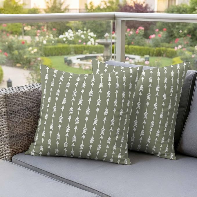 Arrow Outdoor Pillow Covers 26"x26" Set of 2, Abstract Rustic Western Tribal Geometric Arrow Sage Green Waterproof Throw Pillow Covers for Patio Furniture, Decorative Cushion Covers for Porch