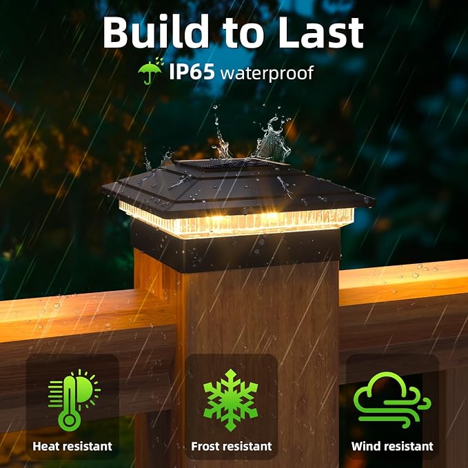 Post Caps Lights Outdoor 6pack, Waterproof Fence Post Solar Lights for 4x4 5x5 6x6 Wood/Vinyl Posts, Black Solar Deck Post Lights with 2 Color Modes Decorate Garden Patio Porch Backyard