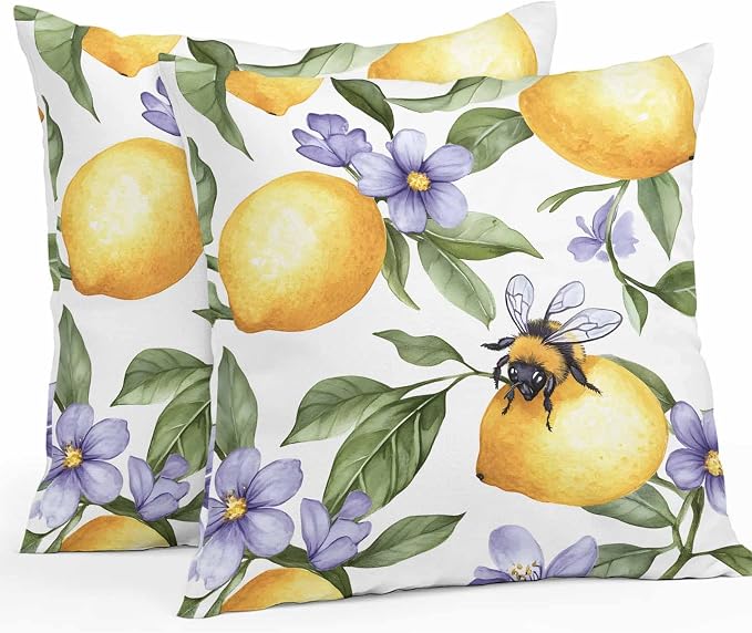 Summer Lemon Waterproof Outdoor Pillow Covers Set of 2 Home Decor, Watercolor Purple Spring Floral Bee Pillowcase Patio Pillow Covers for Couch Bench Furniture Garden 18x18in