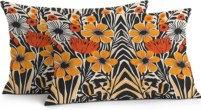 Orange Yellow Black Botanical Outdoor Pillow Covers 20x12 Inch Lumbar Pillow Covers Set of 2 Waterproof Decorative Throw Pillow Cases Modernism Spring Floral Cushion Covers for Patio Furniture Garden