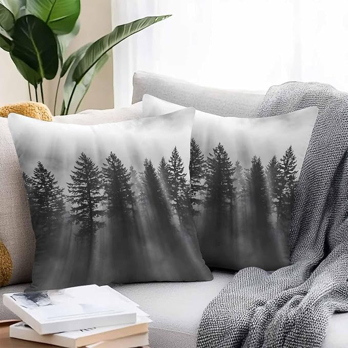 Black Forest Mist Scenery Outdoor Pillow Covers 16"x16" Set of 2, Nature Pine Trees Sunbeams Modern Waterproof Throw Pillow Covers for Patio Furniture, Decorative Cushion Covers for Porch