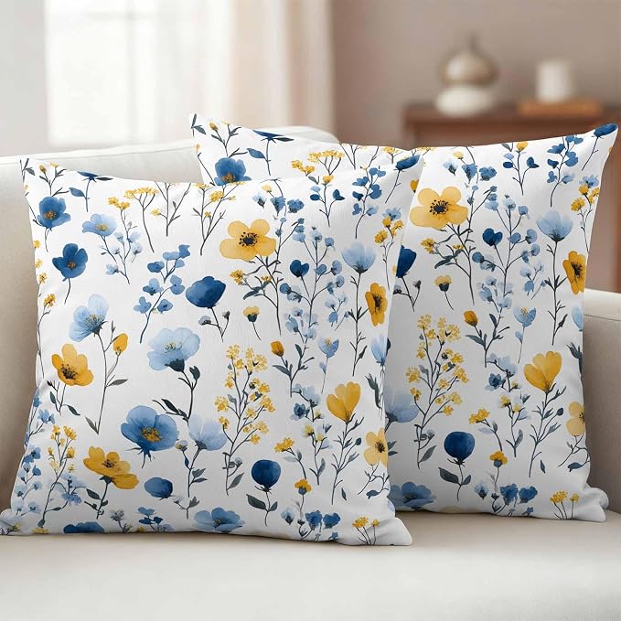 Watercolor Blue Outdoor Waterproof Throw Pillow Covers Set of 2, 16"x16", and Yellow Flower Leaves Spring Plant Decorative Pillow Covers Outside Cushion Case for Patio Porch Garden