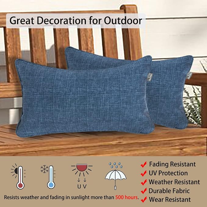 Magpie Fabrics Pack of 2 Outdoor Waterproof Lumbar Rectangular Throw Pillow with Insert 12x20 Inch, Home Decorative Toss Cushion for Patio Garden Car Office (Navy Textured)