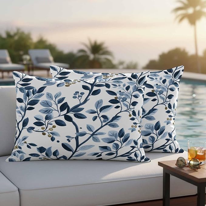 Lumbar Pillow Covers 20x12 Inch Set of 2, Navy Blue Botanical Waterproof Outdoor Pillow Covers, Summer Spring Leaves Decorative Cushion Pillowcases for Couch, Sofa, Bed, Garden, Patio