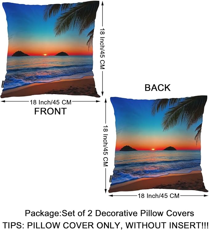 Swono Ocean Beach Set of 2 Throw Pillow Covers Hawaii Ocean Sea Palm Tree Sunset 18x18 Inches Pillow Cases Standard Cushion Cover Square Pillowcases for Men Women Decorative Home Bed Sofa