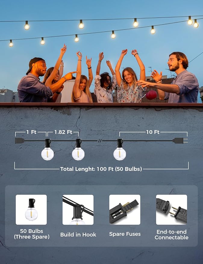 XMCOSY+ Outdoor String Lights, Smart Patio Lights 100Ft Dimmable Outdoor Lights Warm White, 50 G40 LED Bulbs, WiFi String Lights for Outside, Work with Alexa, APP Control, Waterproof Extendable | Warm white dimmable globe bulbs, WiFi & APP control, wor...