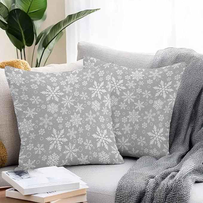 Outdoor Waterproof Throw Pillow Covers, Merry Christmas and Happy New Year Winter Snowfalke Geometric Pattern Gray Pillowcases Cushion Covers Cases for Patio Couch Bench, Pack of 2 Square, 20X20 Inch