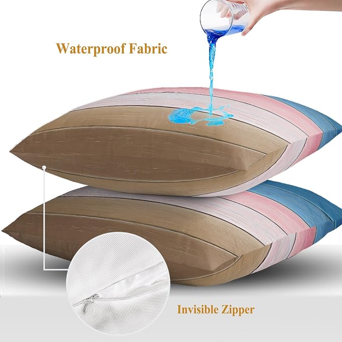 Outdoor Waterproof Pillow Covers for Patio Blue Pink Wood Grain Decorative Throw Pillow Cover Brown Ombre Wooden Pillowcases Set of 2 Cushion Case for Sofa Couch Chair 20x20 Inch