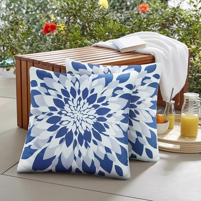 JASEN Outdoor Waterproof Pillow Covers, Blue Floral Pillow Covers, Set of 2 18x18, Double-Sided Decorative Outside Throw Pillows for Patio Furniture Couch Porch Garden