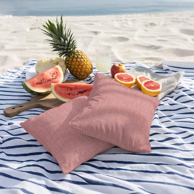 Outdoor Waterproof Throw Pillow Covers Set of 2 Peach Pink Linen Pillowcases 24x24 Inches Farmhouse Pure Color Decorative Pillows Cushion Case Patio Pillows for Couch Bed Chair Garden