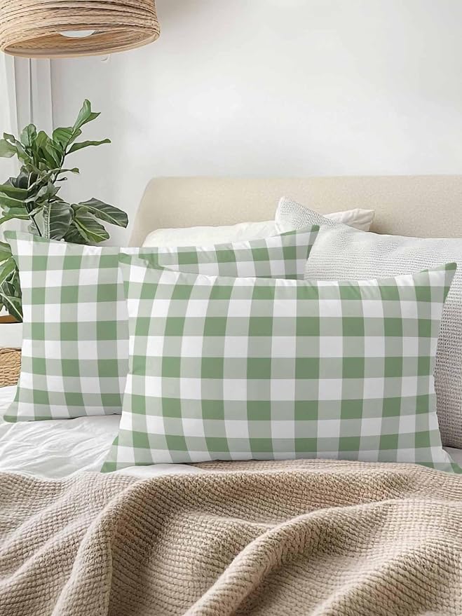 Waterproof Outdoor Pillow 1 Pack Green Buffalo Plaid Decorative Throw Pillows Cover & Insert 20x12 Inch Lumbar Pillowcase Check Lines Pillows for Couch Sofa Bed Patio Furniture Indoor Outdoor