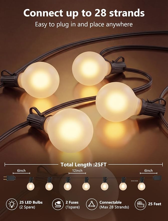LED Outdoor String Lights 25Ft G40 Frosted White Globe Patio Lights Waterproof with 27 Shatterproof LED Bulbs, Hanging Outdoor Christmas Decorations Lights for Backyard Bistro Wedding Party Garden