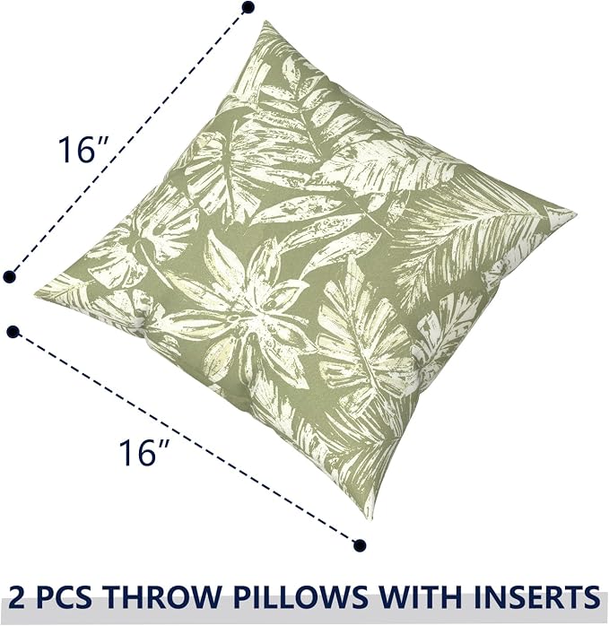 Outdoor Pillows with Insert 16x16 Inch, Waterproof Throw Pillow for Patio Furniture, Decorative Back Cushion for Garden Home Sofa Office Chair, Set of 2, Tropical Leaf Green