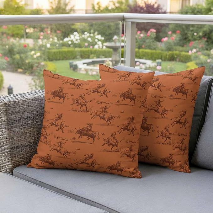 Western Cowboys Outdoor Pillow Covers Waterproof, All Weather Cushion Case Set of 2, Orange Vintage Country Nature Scenery Decorative Pillowcases for Sofa Couch Bed Decor Patio Furniture 20"x20"