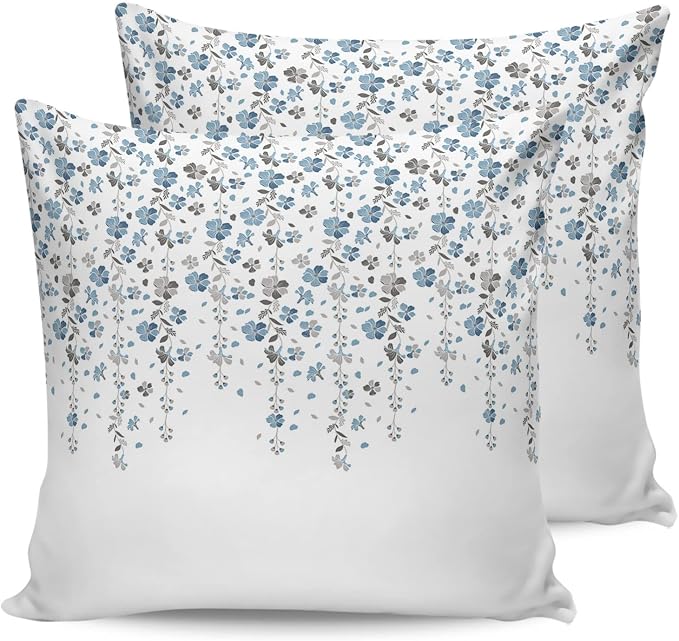 Floral Outdoor Pillow Covers Pack of 2, Blue and Grey Flowers Waterproof Pillow Covers Seasonal Spring Summer Throw Pillowcase for Patio Funiture Garden Tent, 20 x 20 inch