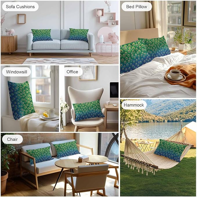 Peacock Feathers Outdoor Waterproof Pillow Covers, Ombre Blue Green Modern Animals Printed Decorative Rectangle Throw Pillowcase Sofa Cushion Sham for Patio/Couch/Chair, 20"x12" 2 Pack