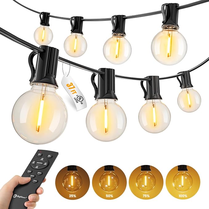 Brightown 37Ft Outdoor String Lights with Remote, 11 G40 Shatterproof LED Bulbs, Waterproof Connectable Hanging Patio Lights for Porch, Backyard, Bistro, Deck, Balcony, Home Decor, 2700K Dimmable