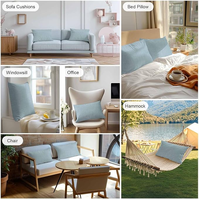 Vandarllin Outdoor Throw Pillows Covers 20x12 inch Set of 2 Waterproof Blue Linen Decorative Zippered Cushion Covers for Patio Furniture, Farmhouse Pure Color Lumbar Pillowcases