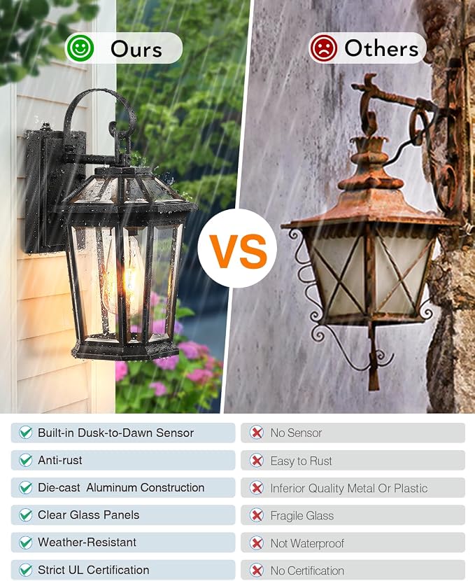 VIANIS Dusk to Dawn Outdoor Wall Lighting, Exterior Light Fixture Wall Mount for House Front Porch Light, Black Anti-Rust Aluminium Modern Outside Coach Lantern with Tempered Glass Shade for Garage