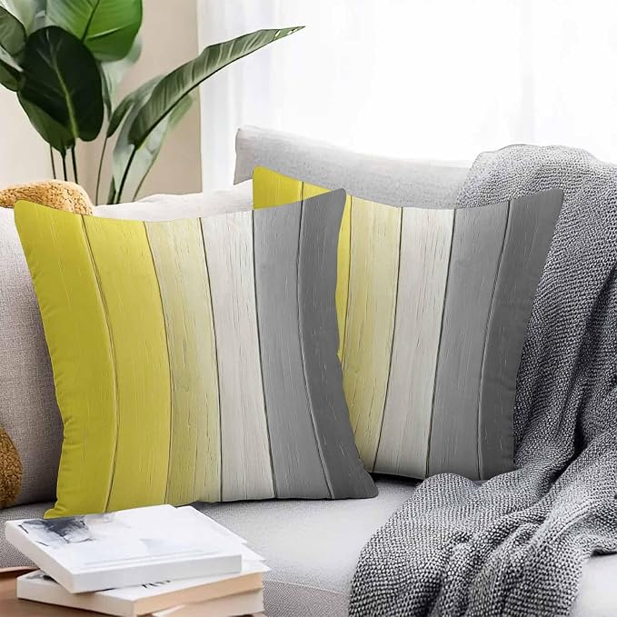Throw Pillow Covers 20x20 Inch Set of 2, Yellow Gray Ombre Waterproof Outdoor Cushion Covers, Vintage Country Wooden Decorative Pillowcases for Couch, Sofa, Bed, Garden, Patio