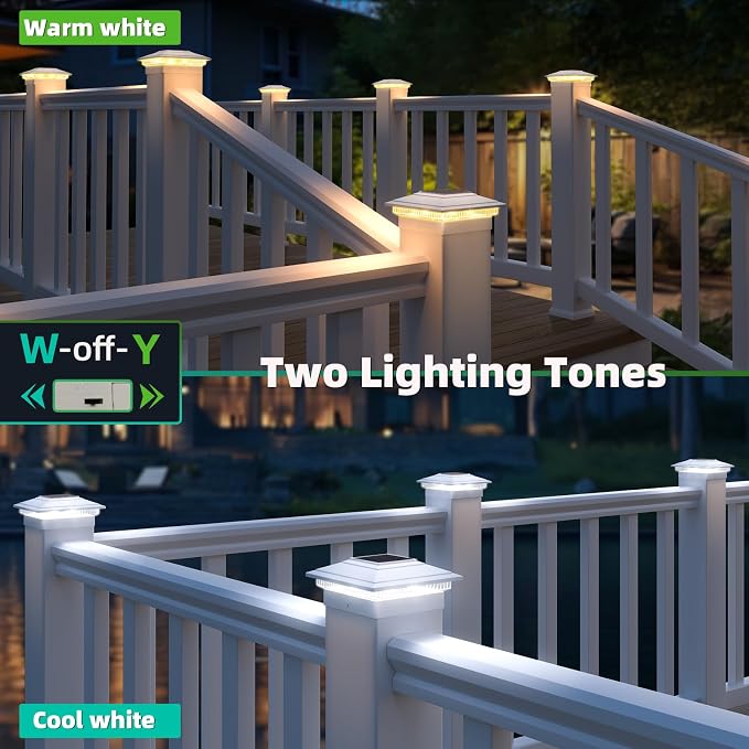 Post Cap Lights Outdoor 4pack, Waterproof Fence Post Solar Lights for 4x4 5x5 6x6 Wood/Vinyl Posts, White Solar Deck Post Lights with 2 Color Modes Decorate Garden Patio Porch Backyard
