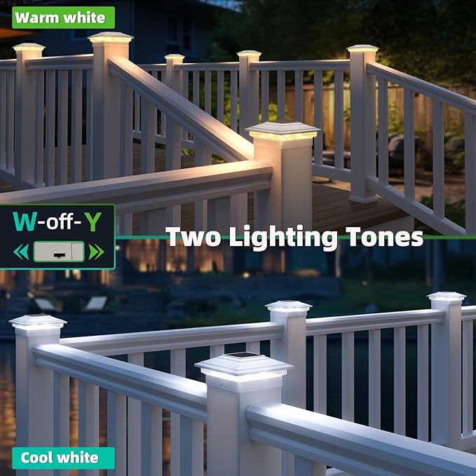 Solar Post Cap Lights Outdoor 12pack, Waterproof Fence Post Solar Lights for 4x4 5x5 6x6 Wood/Vinyl Posts, White Deck Post Lights with 2 Color Modes Decorate Garden Patio Porch Backyard