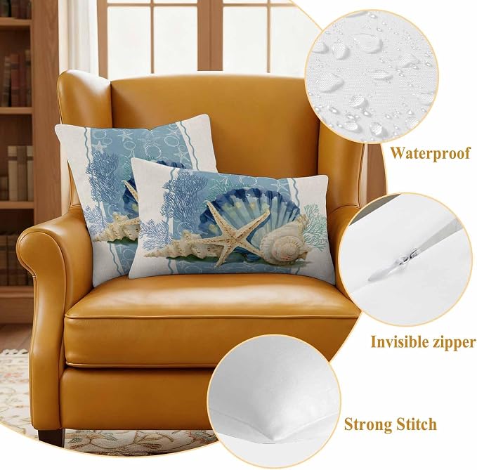 Coastal Oceans Waterproof Outdoor Pillow Covers Set of 2 Home Decor, Summer Beach Corals Shells Starfish Cotton Linen Pillowcase Patio Pillow Covers for Couch Bench Furniture Garden 18x18in