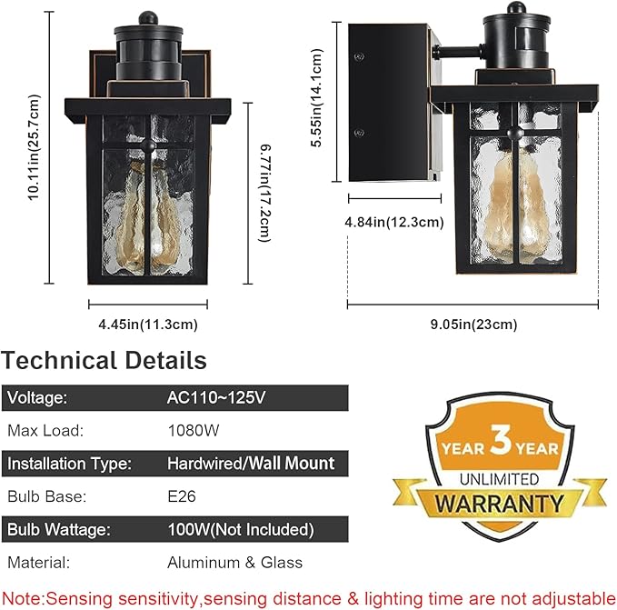 Myhaptim Porch Lights with GFCI Outlet,Dusk to Dawn Motion Sensor Outdoor Lights,3 Lighting Modes Black Front Door Light,Waterproof Exterior Light Fixture,Outside Wall Lamp for House Patio Garage