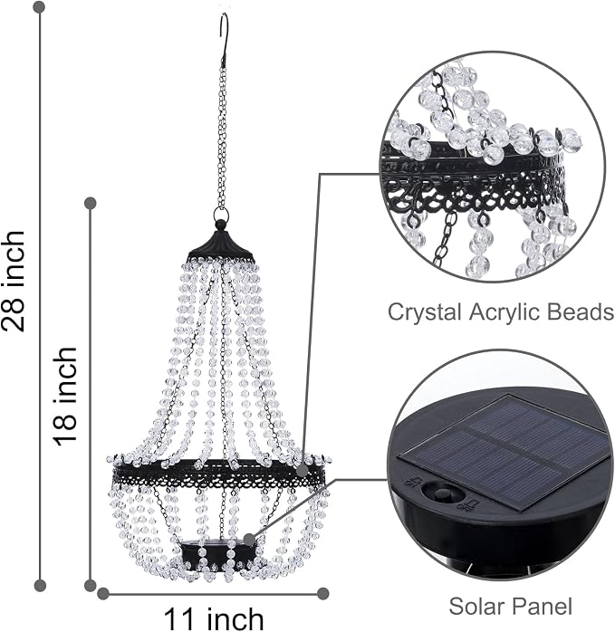 Hanging Solar Lantern Outdoor, 28” Modern Clear Crystal Acrylic Chandelier with 30 Warm White Lights S Hook for Garden, Yard, Patio, Gazebo Decorations