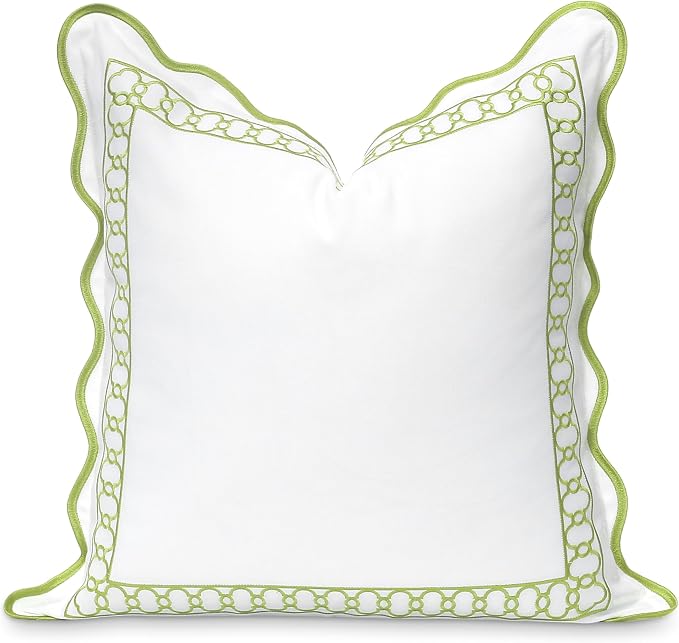 Hofdeco Premium Coastal Patio Indoor Outdoor Throw Pillow Cover Only, Water Repellent for Backyard, Couch, Begonia Pattern Chain Frame Green 20"x20", Scalloped Embroidered
