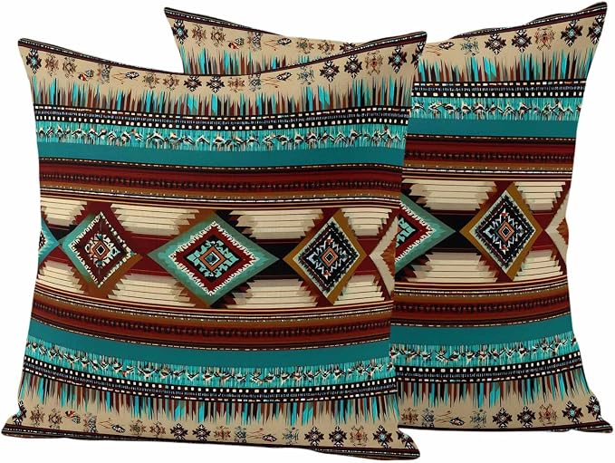 Boho Ethic Outdoor Pillow Covers 26"x26" Set of 2, Western Aztec Tribal Teal Brown Diamond Stripes Waterproof Throw Pillow Covers for Patio Furniture, Decorative Cushion Covers for Porch