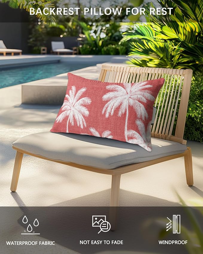 Pack of 2 Outdoor Lumbar Pillow Covers 11x16 Inch, Coral Red Palm Trees Waterproof Throw Pillow Covers Set, Farmhouse Tropical Summer Beach Indoor&Outdoor Decorative Cushion Cases for Patio Porch Car