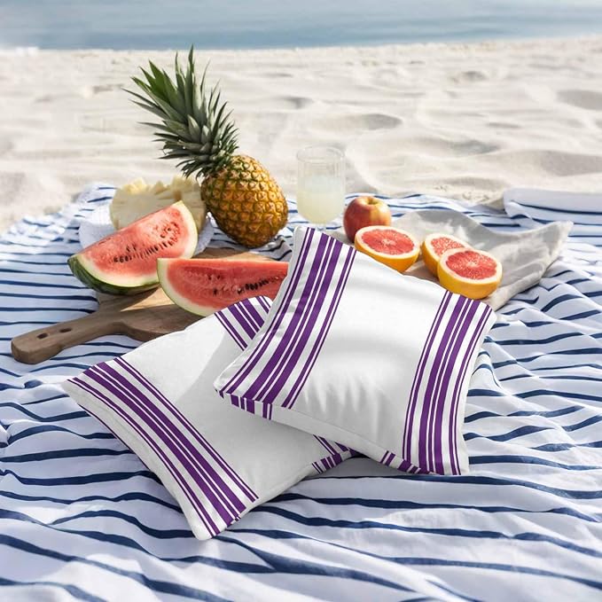 Outdoor Waterproof Throw Pillow Covers Set of 2 Purple Stripes Pillowcases 24x24 Inches White Vertical Striped Decorative Pillows Cushion Case Patio Pillows for Couch Bed Chair Garden