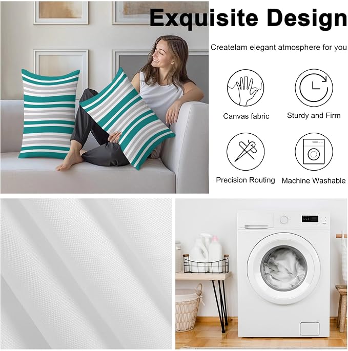 Teal Grey Stripe Outdoor Pillow Covers 20x12 Inch Lumbar Pillow Covers Set of 2 Waterproof Decorative Throw Pillow Cases Farmhouse Minimalist Striped Cushion Covers for Patio Furniture Garden Couch