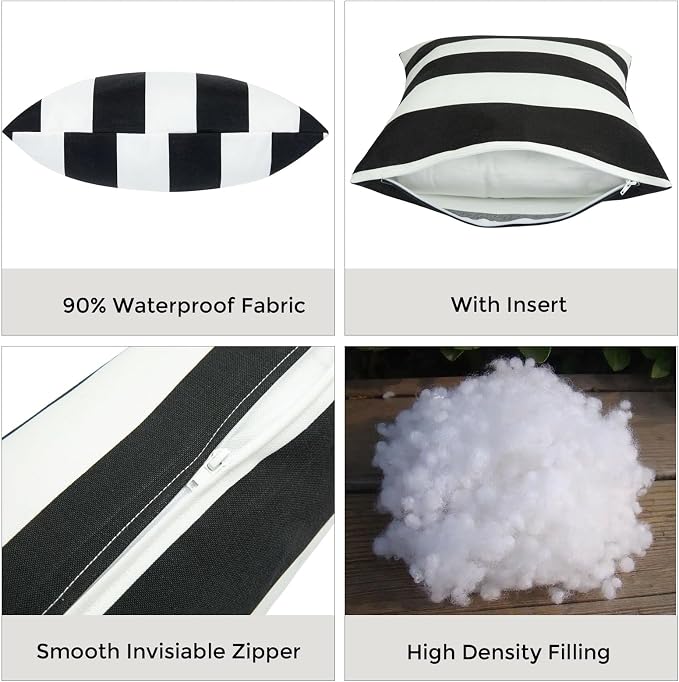 FUNHOME Outdoor Throw Pillows Water Resistant 18x18 inch,Decorative Throw Pillow with Insert Set of 2,Hidden Zipper Headrests for Patio Furniture Sofa Couch Chair (Black White Stripe)