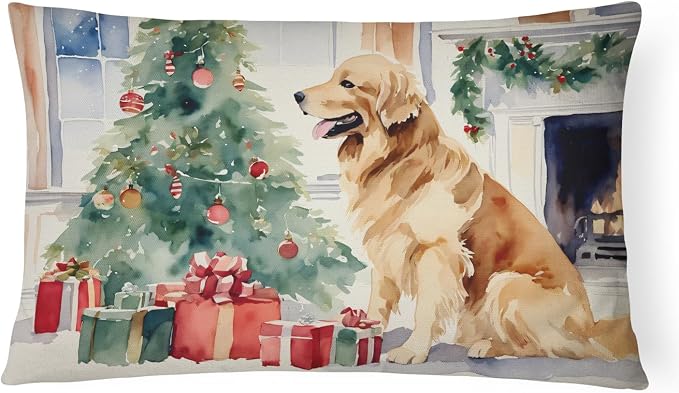 Caroline's Treasures DAC2665PW1216 Golden Retriever Cozy Christmas Throw Pillow Machine Washable, Indoor Outdoor Decorative Pillow for Couch, Bed or Patio, 12HX16W