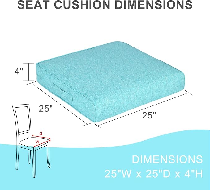 Aoodor Patio Chair Cushions Set of 4, 25 x 25 x 4 Inch Water Resistant Outdoor Seat Cushions with Handle and Ties, Square Corner Cushions for Patio Furniture Garden Lawn, Teal