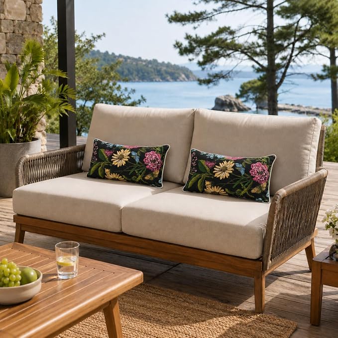 FUNHOME Outdoor Lumbar Pillows 12x20 inch,Decorative Throw Pillow Set of 2 with Insert,Water Resistant Headrests for Patio Furniture Sofa Couch Chair(Butterfly Flower Black)