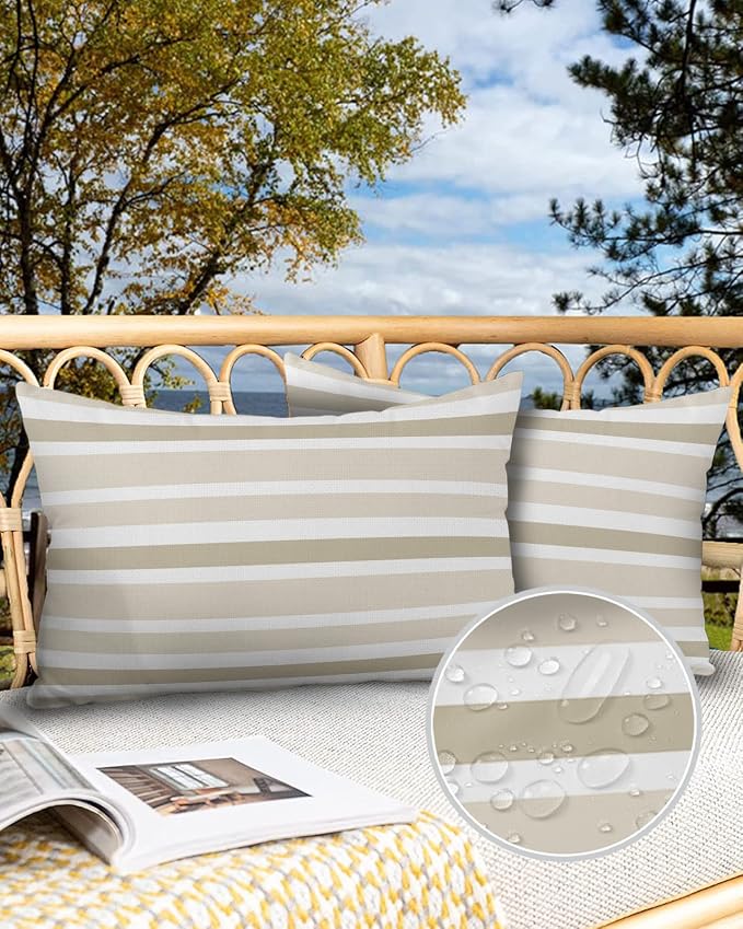 Outdoor Waterproof Lumbar Throw Pillow Covers Set of 2 Khaki Beige Stripes Decorative Outdoor Pillows Cushion Case 20x12 Inch Classic Striped Patio Pillows for Couch Sofa Bed Garden Home Decor