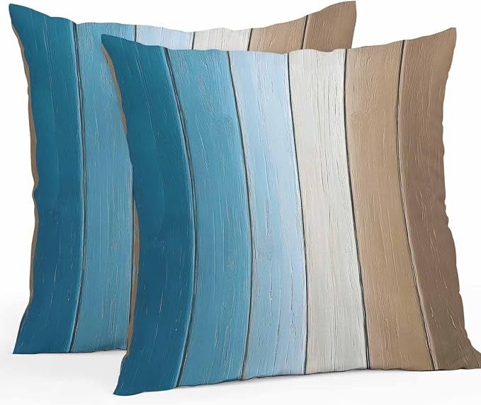 Throw Pillow Covers 24x24 Inch Set of 2, Blue Brown Ombre Waterproof Outdoor Cushion Covers, Vintage Country Wooden Decorative Pillowcases for Couch, Sofa, Bed, Garden, Patio