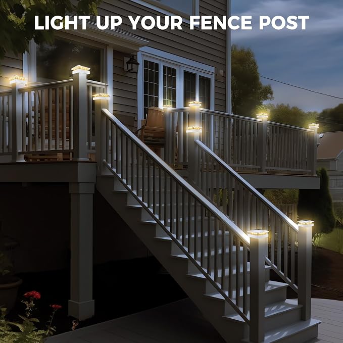 4x4 Solar Post Cap Lights Outdoor with 3 Modes, 16 Packs White Fence Light Solar Powered Waterproof, Wood/Vinyl Deck Post Lights for Yard Garden Patio Porch Outside