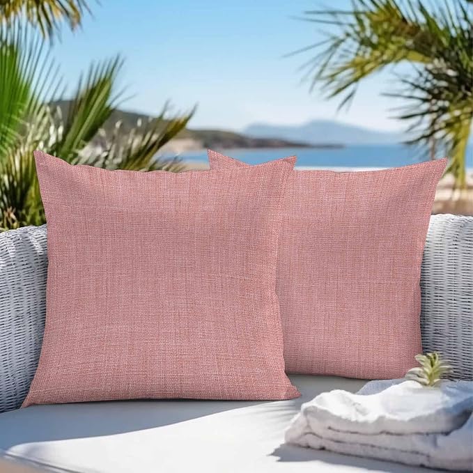 Vandarllin Outdoor Throw Pillows Covers 26x26 inch Set of 2 Waterproof Peach Pink Linen Decorative Zippered Cushion Covers for Patio Furniture, Farmhouse Pure Color Lumbar Pillowcases