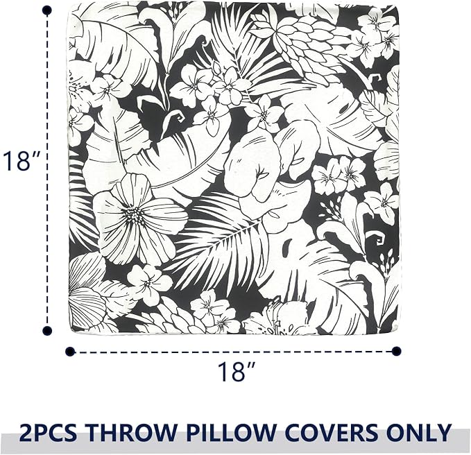 Outdoor Throw Pillow Covers 18x18 Inch, Decorative Pillow Covers for Patio Furniture, Tropical Blossom Noir Modern Cushion Cases for Garden Couch Home Sofa, Pack of 2