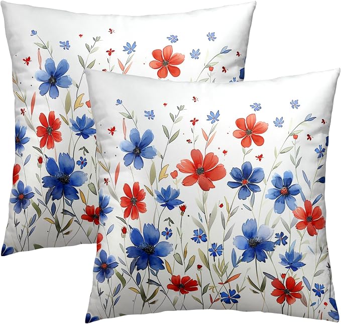 4th of July Pillow Covers 20x20 Set of 2 - Watercolor Flower Poppy Patriotic Decorative Square Cushion Cover Soft Cotton Linen Pillowcase for Couch Bed Sofa Room Decor