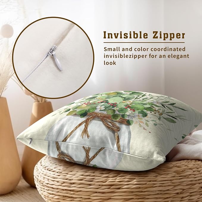 Eucalyptus Leaves Throw Pillow Covers 16x16, 2Pcs Green Leaf Plant Floral Mason Jar Decorative Pillow Cases Soft Cotton Square Cushion Cover for Bed Sofa Spring Season Home Decor
